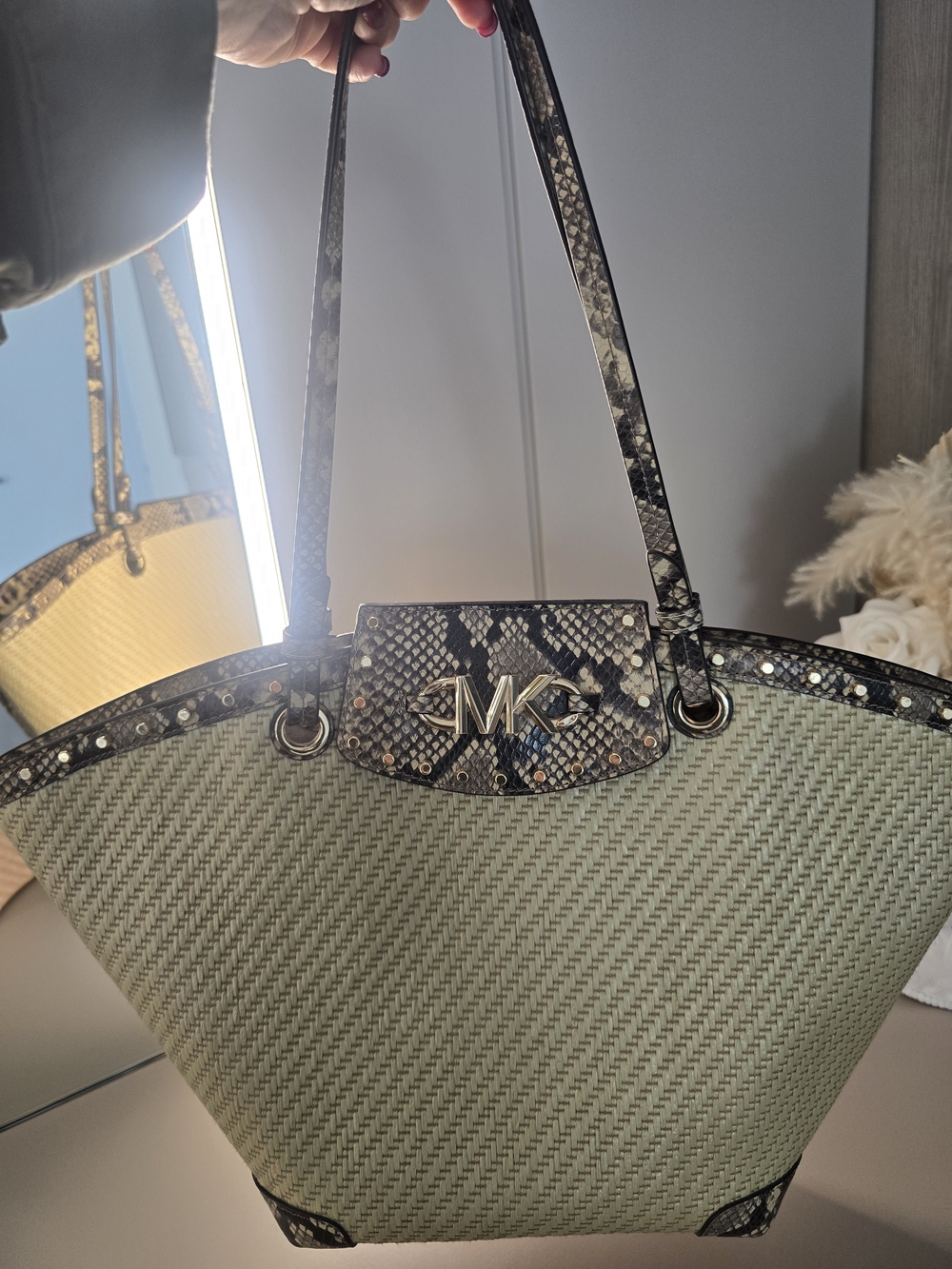 Michael Kors Collection Green Woven Tote with Snake-Print Trim